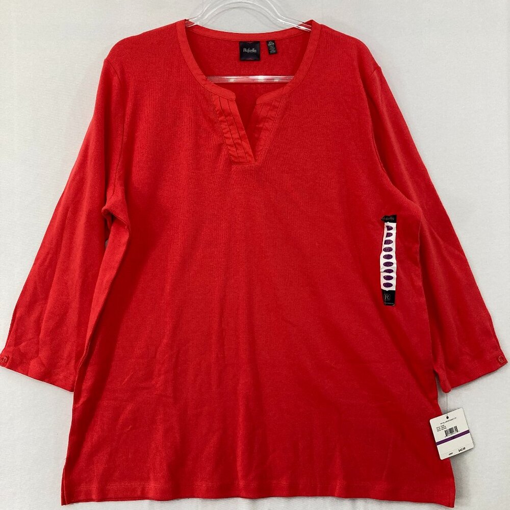 New Rafaella Top size XXL Red Orange Split Neckline 3/4 Sleeve Stretch Preppy
